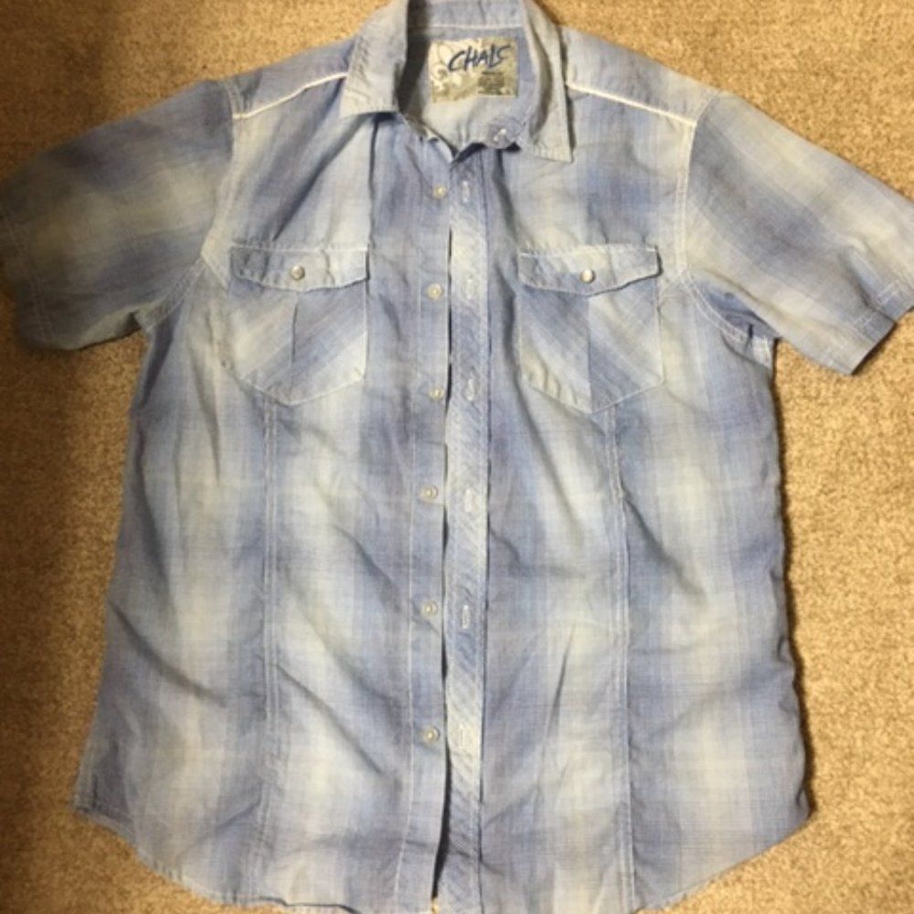 Men's Chalc Short Sleeve Button Front Shirt--Size M--Blue Plaid